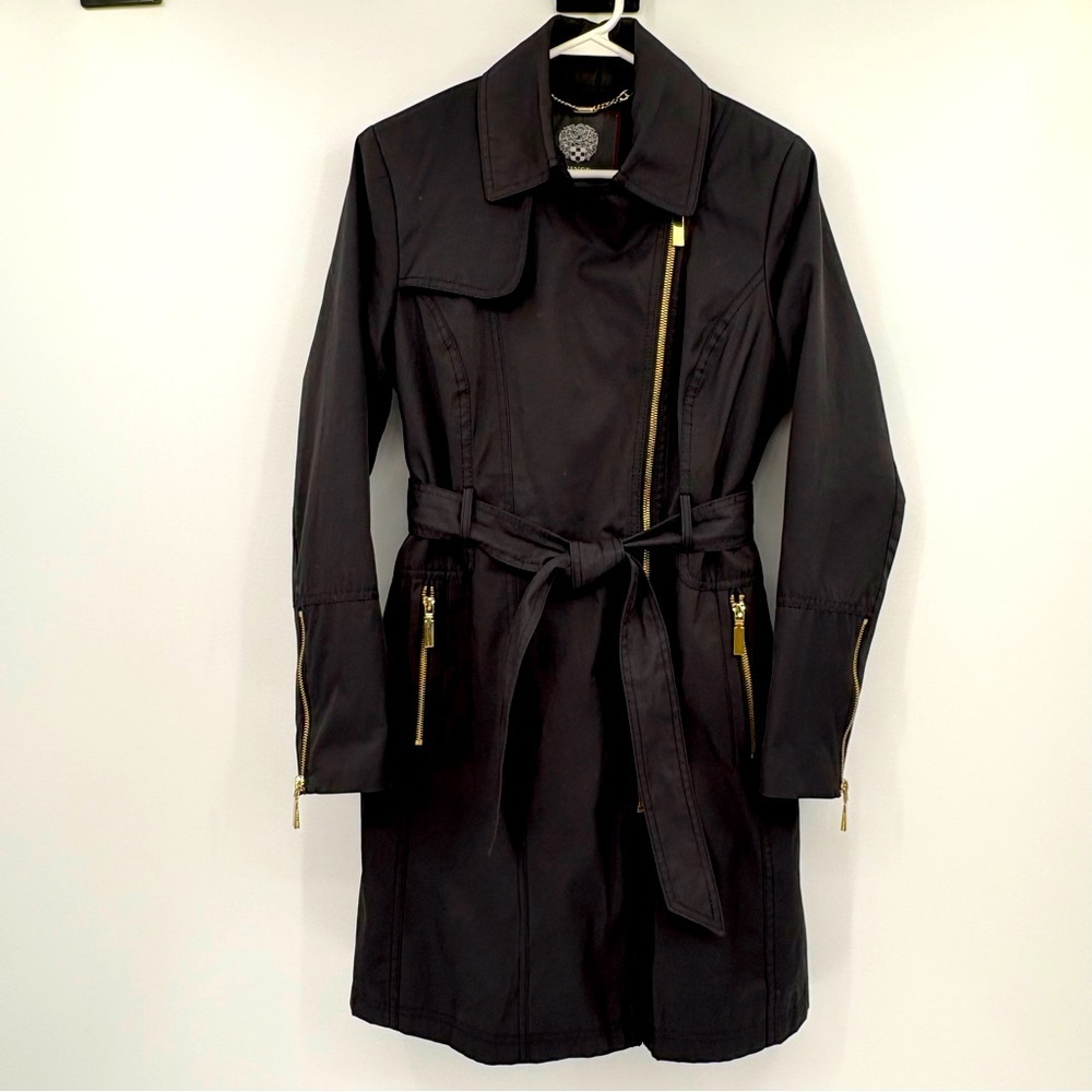 Vince Camuto Black Cotton Blend Trench Coat Size Medium Petite